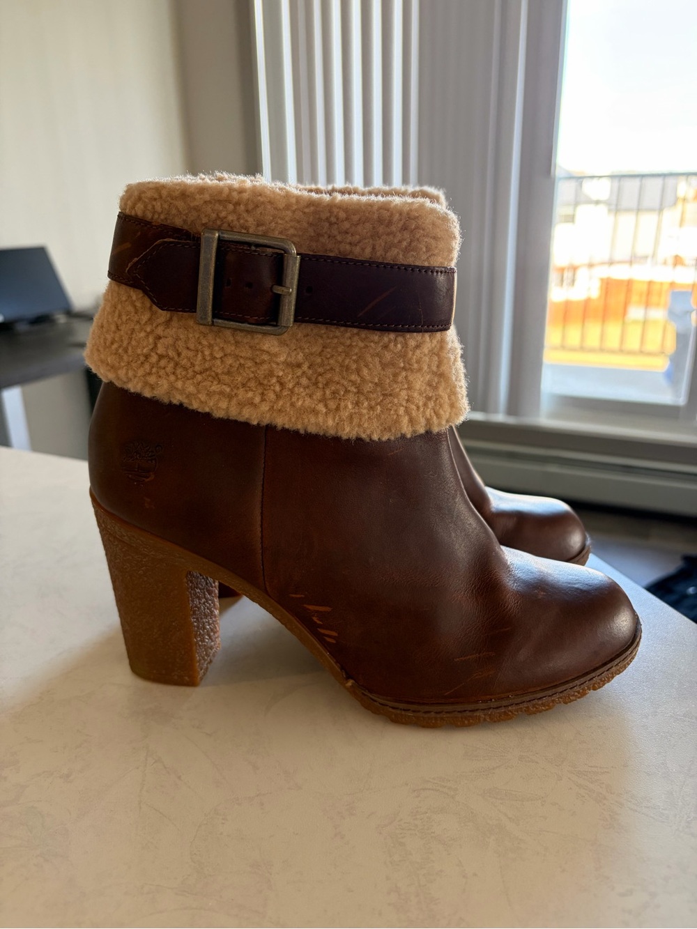 Timberland Brown Leather Shearling-Cuff Heel Booties